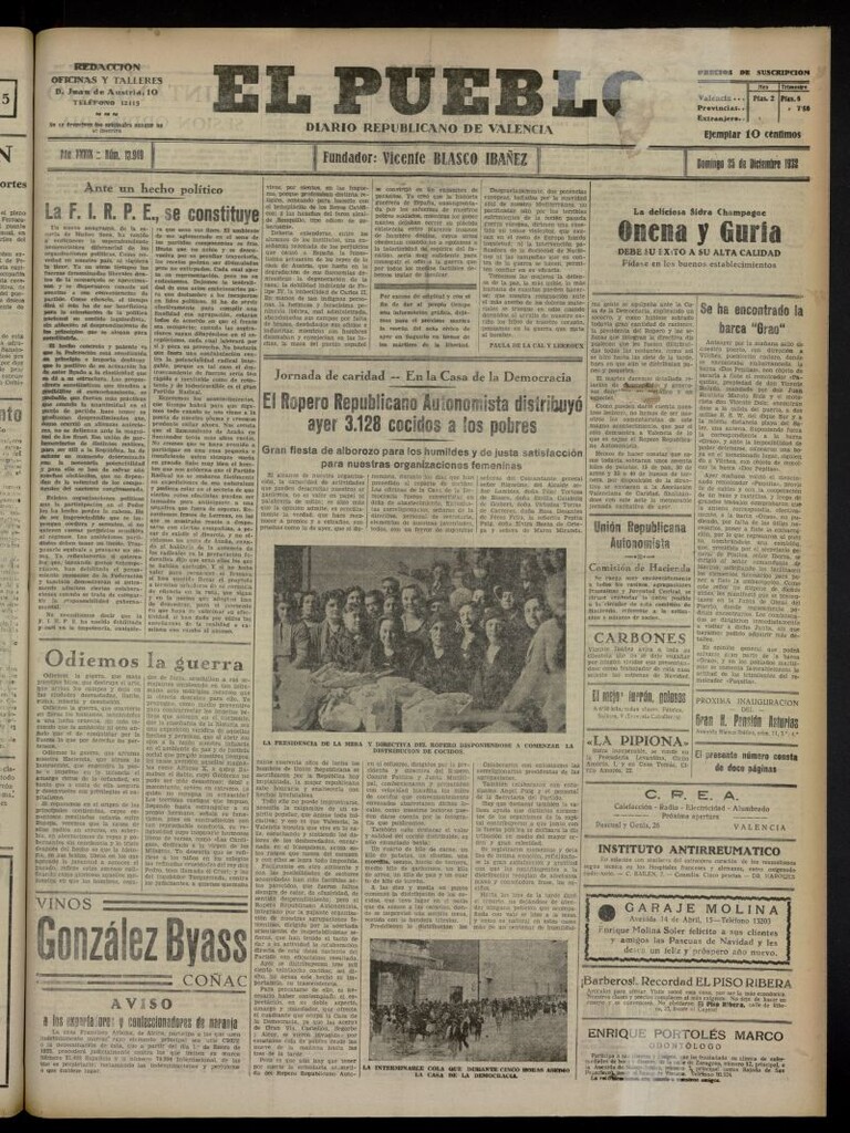 Miniatura de El Pueblo : Diario republicano de Valencia del 25 de diciembre de 1932, nº 13.949
