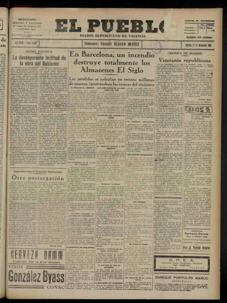 Miniatura de El Pueblo : Diario republicano de Valencia del 27 de diciembre de 1932, nº 13.950