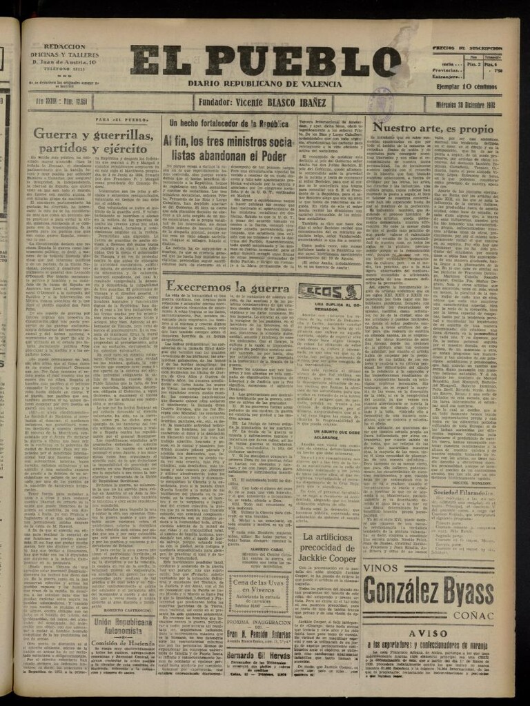 Miniatura de El Pueblo : Diario republicano de Valencia del 28 de diciembre de 1932, nº 13.951