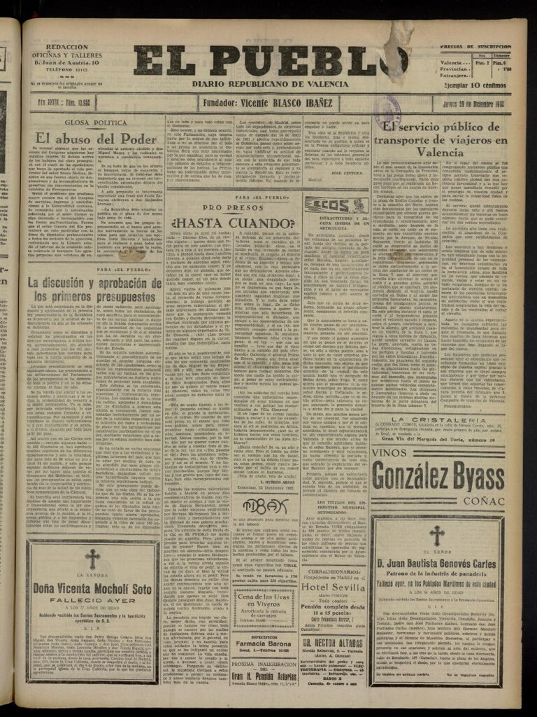 Miniatura de El Pueblo : Diario republicano de Valencia del 29 de diciembre de 1932, nº 13.952