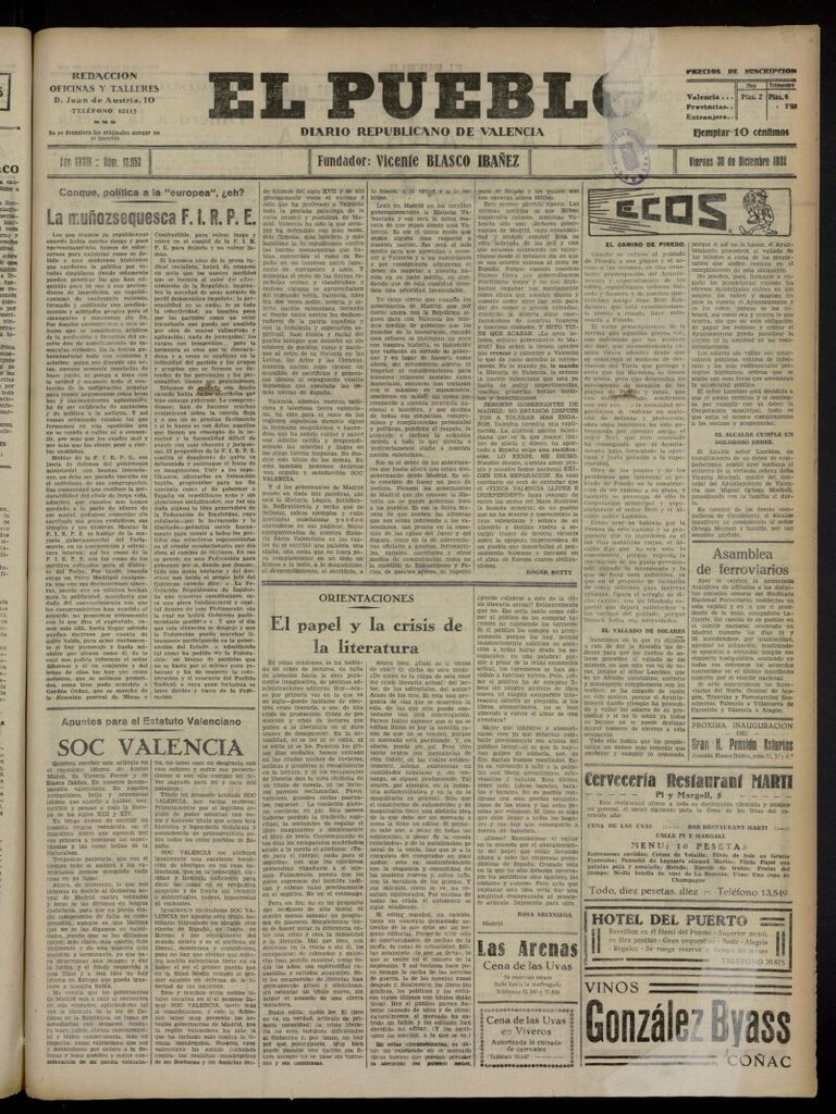 Miniatura de El Pueblo : Diario republicano de Valencia del 30 de diciembre de 1932, nº 13.953