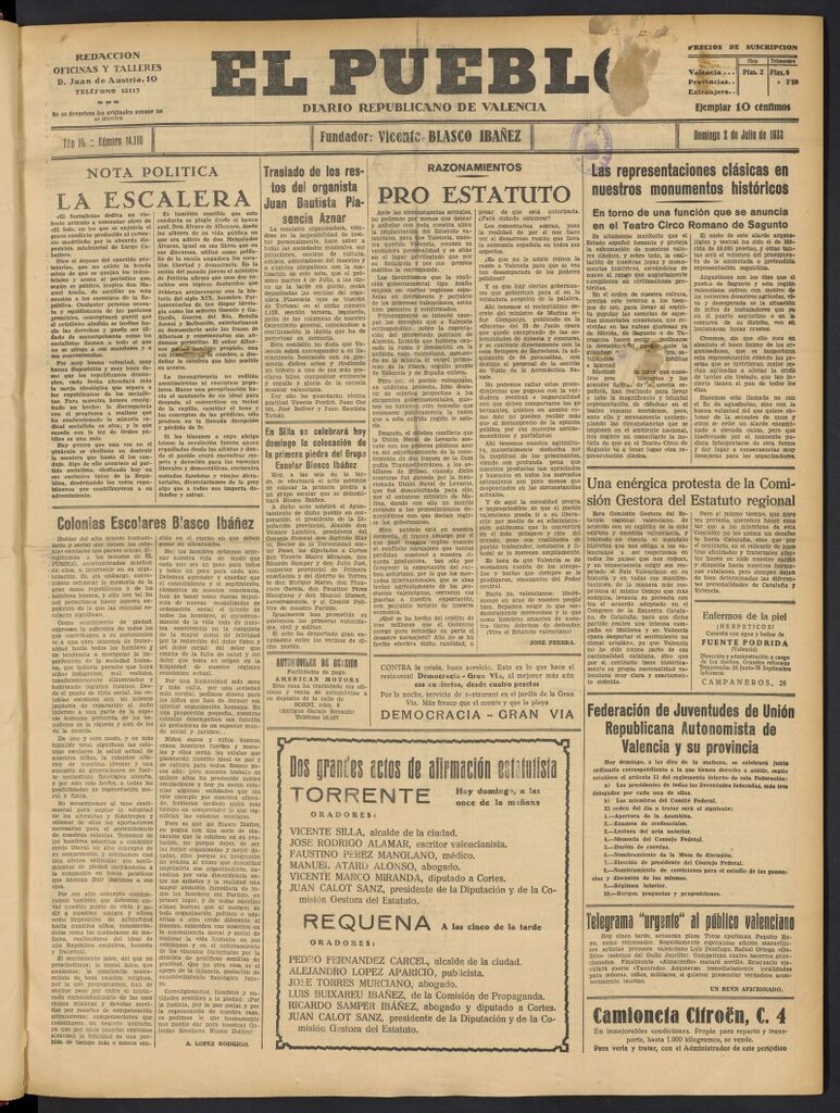Miniatura de El Pueblo : Diario republicano de Valencia del 2 de julio de 1933, nº 14.110