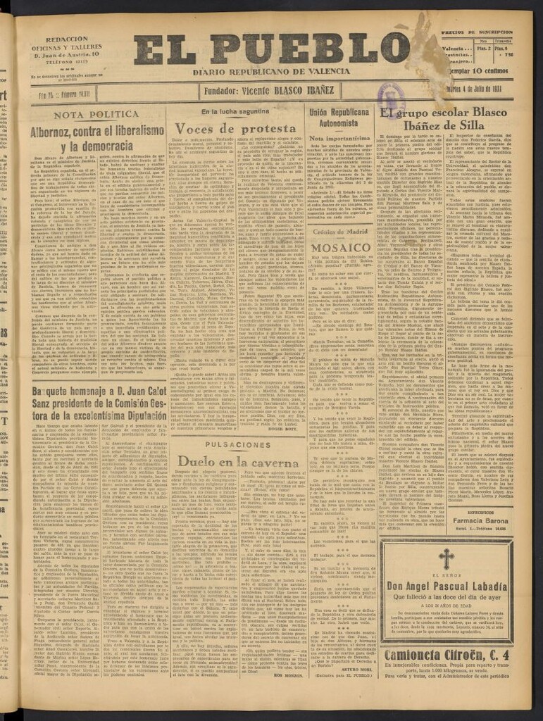 Miniatura de El Pueblo : Diario republicano de Valencia del 4 de julio de 1933, nº 14.111