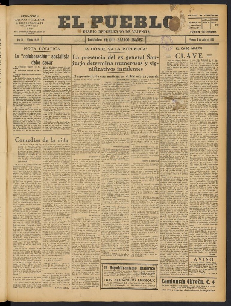 Miniatura de El Pueblo : Diario republicano de Valencia del 7 de julio de 1933, nº 14.114