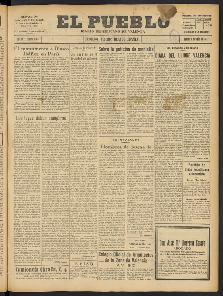 Miniatura de El Pueblo : Diario republicano de Valencia del 8 de julio de 1933, nº 14.115