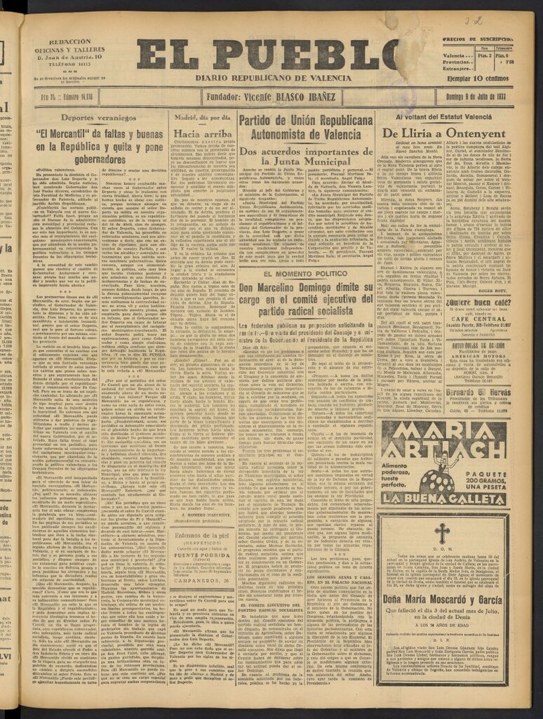 Miniatura de El Pueblo : Diario republicano de Valencia del 9 de julio de 1933, nº 14.116