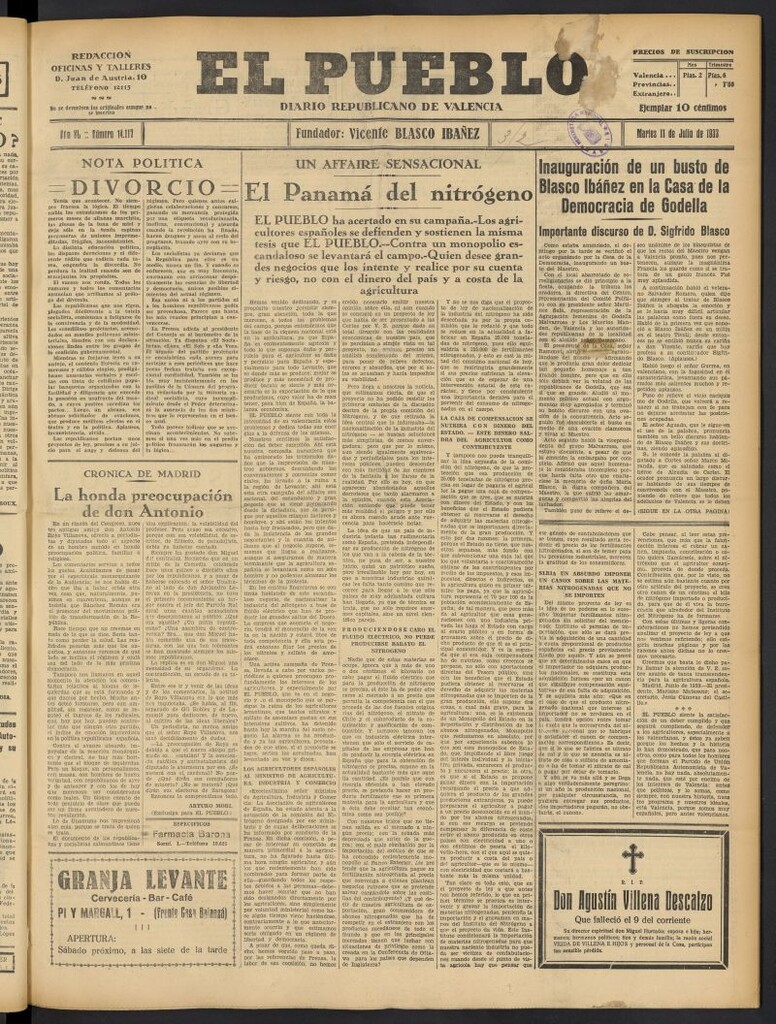 Miniatura de El Pueblo : Diario republicano de Valencia del 11 de julio de 1933, nº 14.117