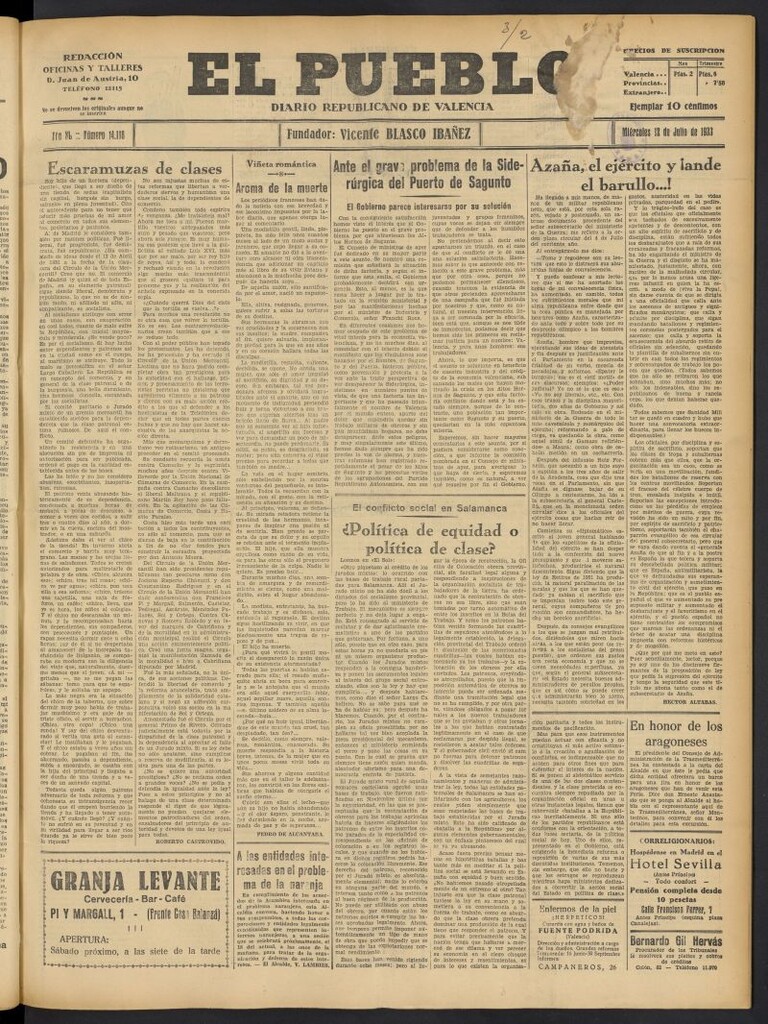 Miniatura de El Pueblo : Diario republicano de Valencia del 12 de julio de 1933, nº 14.118