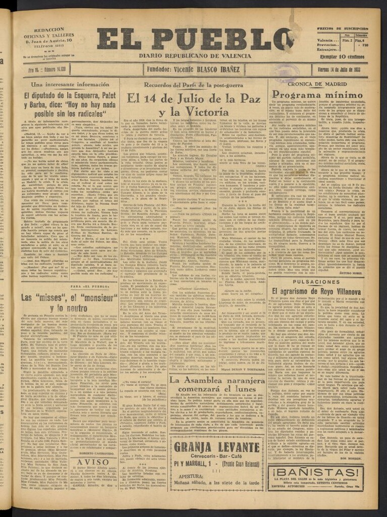 Miniatura de El Pueblo : Diario republicano de Valencia del 14 de julio de 1933, nº 14.120