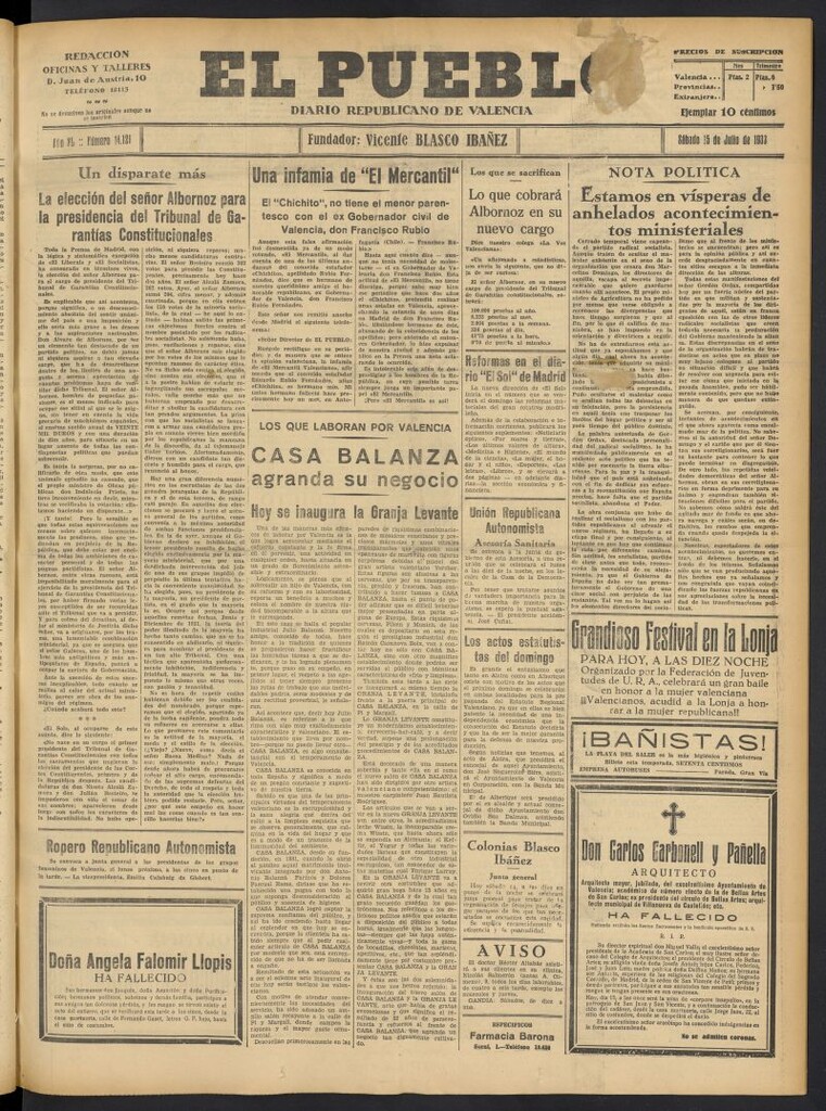 Miniatura de El Pueblo : Diario republicano de Valencia del 15 de julio de 1933, nº 14.121