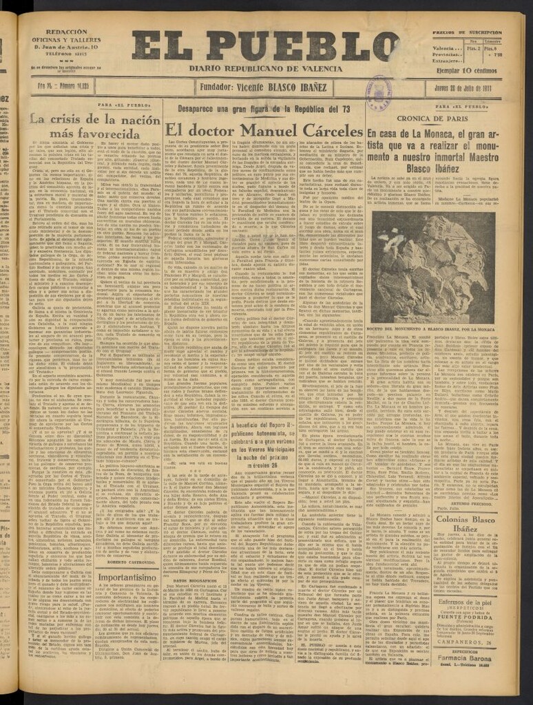 Miniatura de El Pueblo : Diario republicano de Valencia del 20 de julio de 1933, nº 14.125