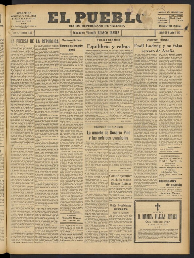 Miniatura de El Pueblo : Diario republicano de Valencia del 22 de julio de 1933, nº 14.127