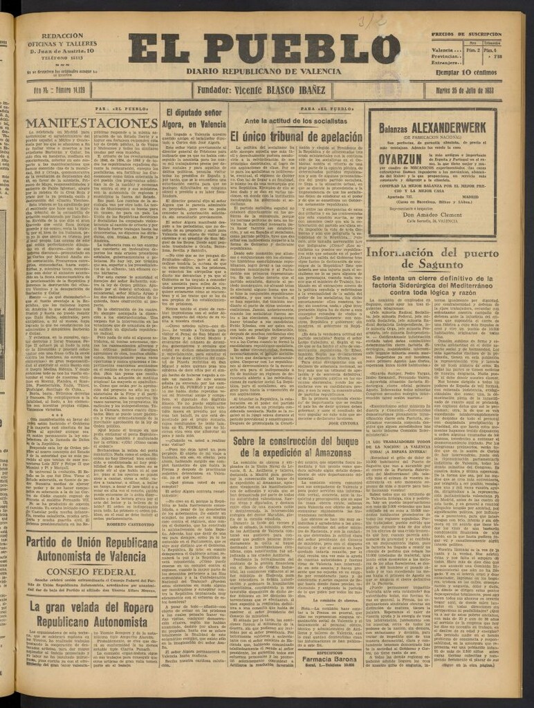 Miniatura de El Pueblo : Diario republicano de Valencia del 25 de julio de 1933, nº 14.129