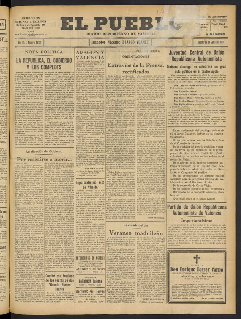 Miniatura de El Pueblo : Diario republicano de Valencia del 29 de julio de 1933, nº 14.133