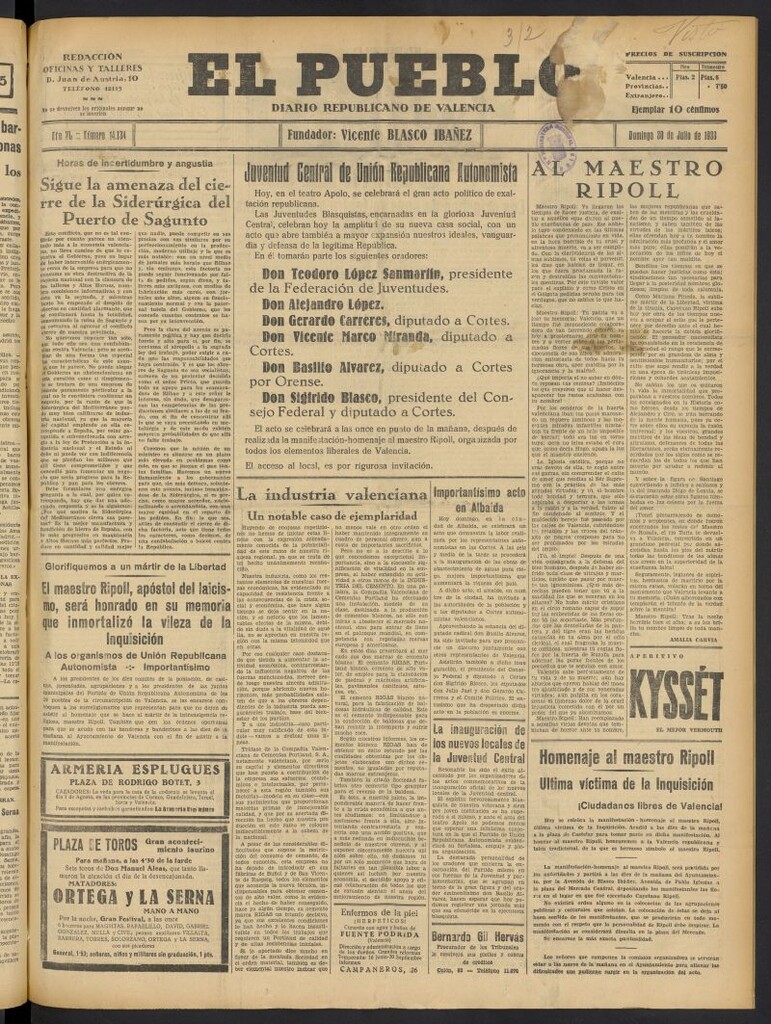 Miniatura de El Pueblo : Diario republicano de Valencia del 30 de julio de 1933, nº 14.134