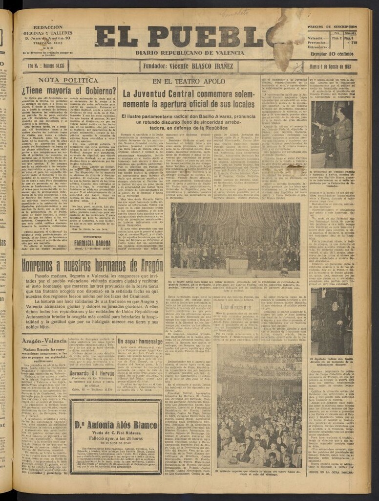 Miniatura de El Pueblo : Diario republicano de Valencia del 1 de agosto de 1933, nº 14.135