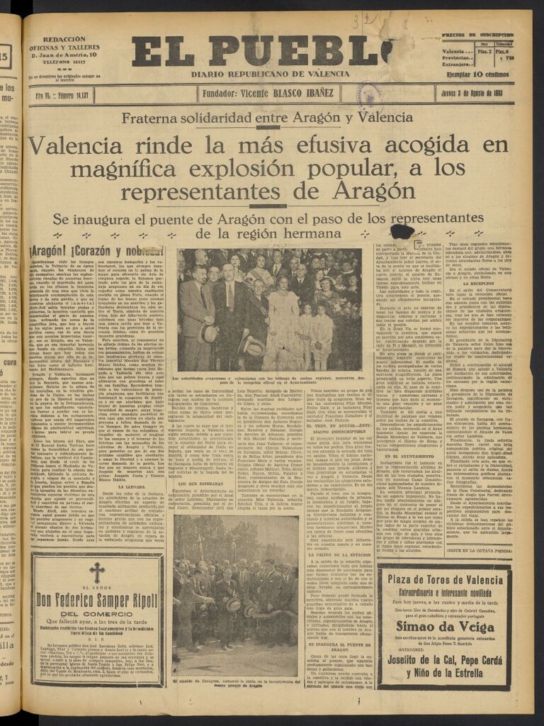 Miniatura de El Pueblo : Diario republicano de Valencia del 3 de agosto de 1933, nº 14.137