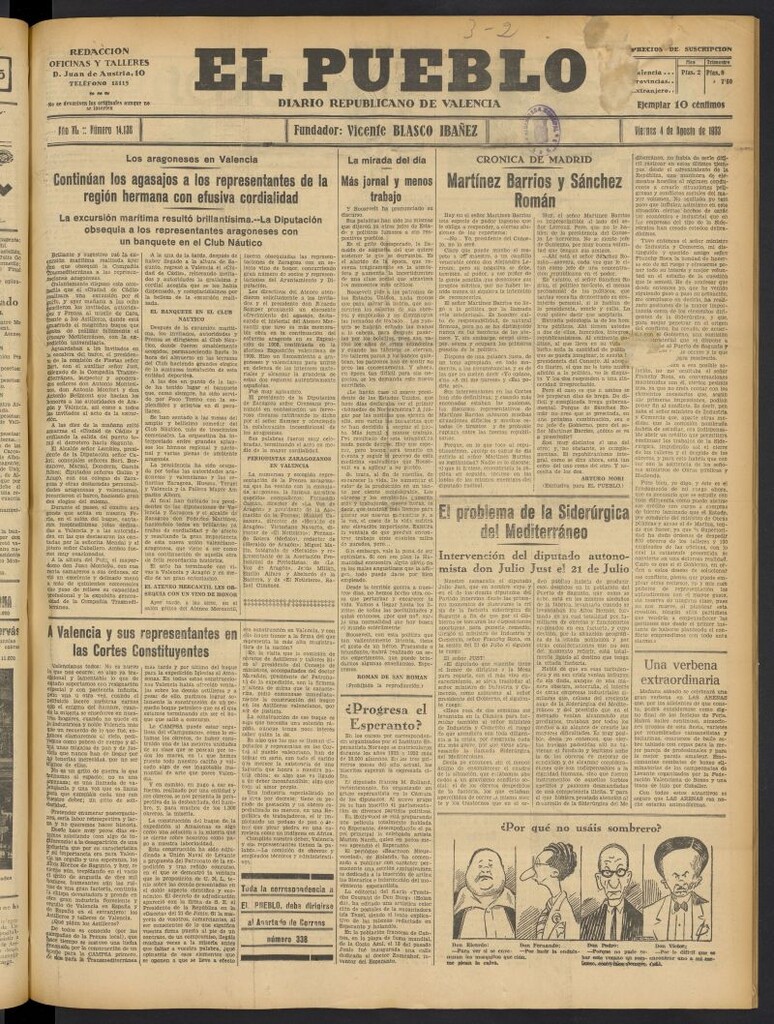 Miniatura de El Pueblo : Diario republicano de Valencia del 4 de agosto de 1933, nº 14.138