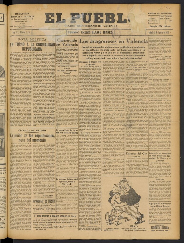 Miniatura de El Pueblo : Diario republicano de Valencia del 5 de agosto de 1933, nº 14.139