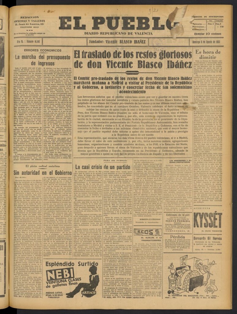 Miniatura de El Pueblo : Diario republicano de Valencia del 6 de agosto de 1933, nº 14.140