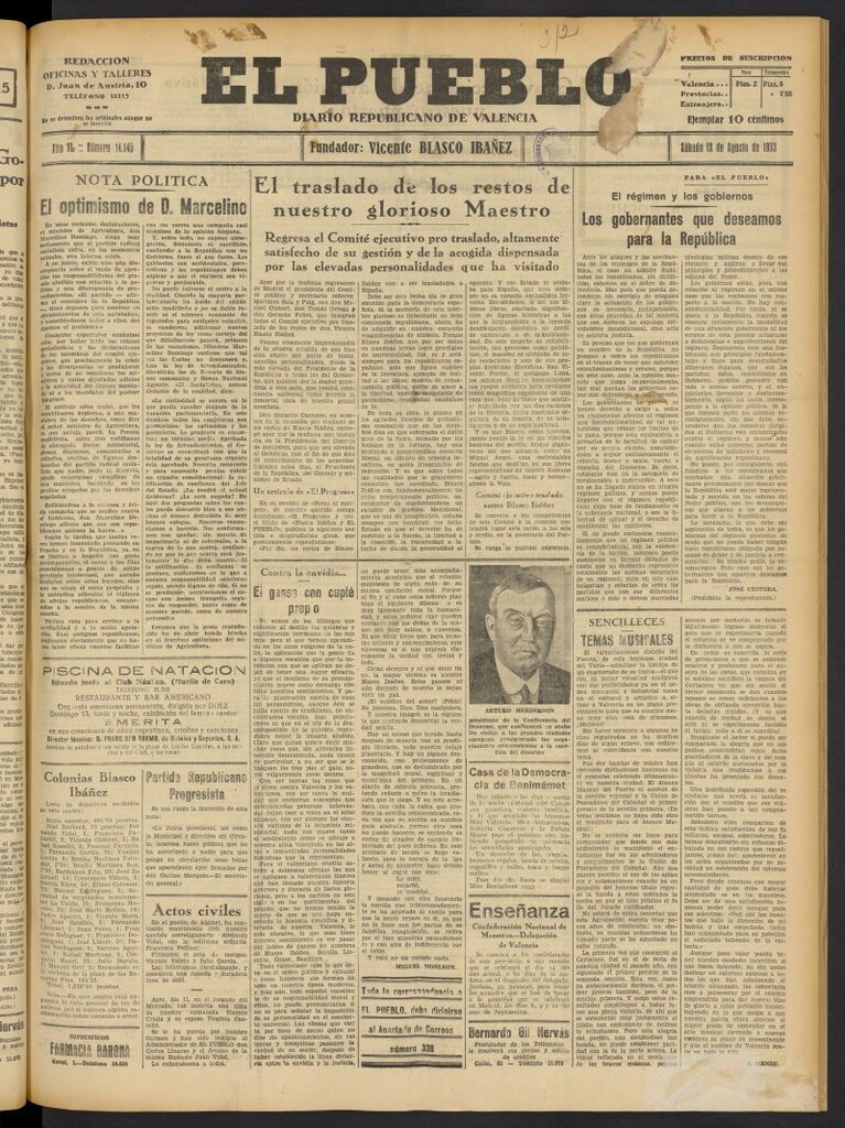 Miniatura de El Pueblo : Diario republicano de Valencia del 12 de agosto de 1933, nº 14.145