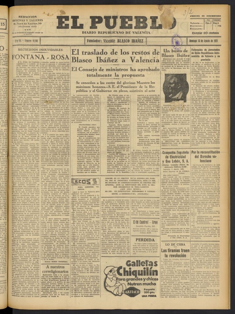Miniatura de El Pueblo : Diario republicano de Valencia del 13 de agosto de 1933, nº 14.146