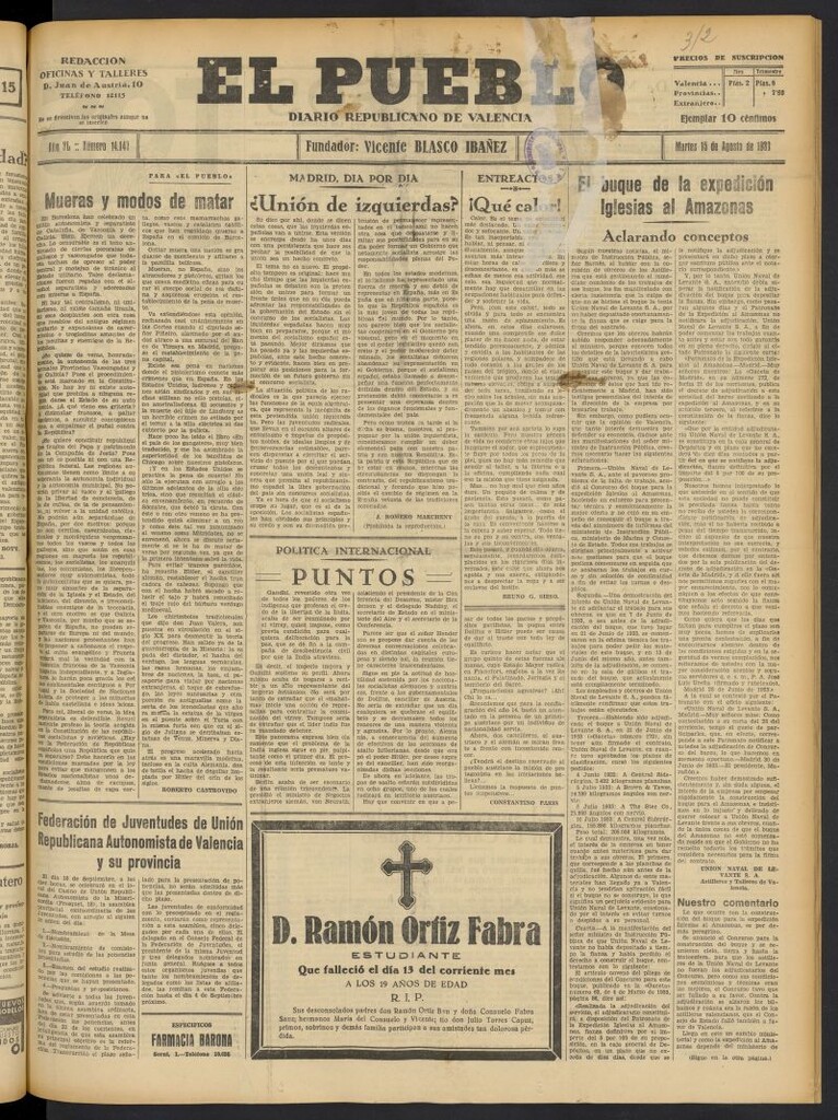 Miniatura de El Pueblo : Diario republicano de Valencia del 15 de agosto de 1933, nº 14.147