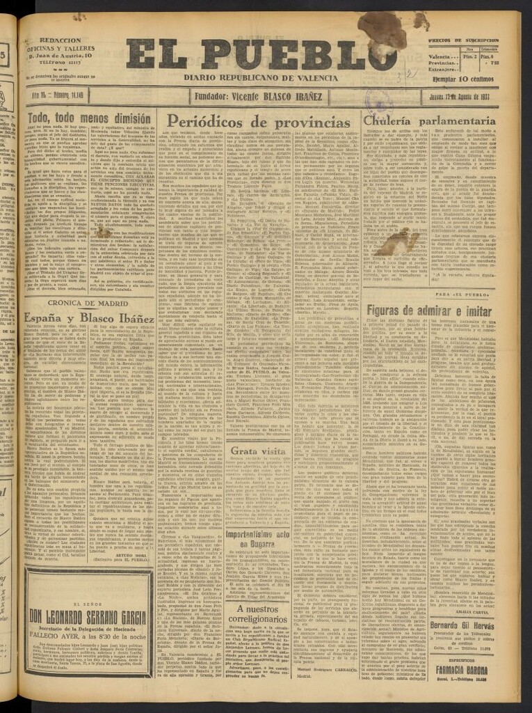 Miniatura de El Pueblo : Diario republicano de Valencia del 17 de agosto de 1933, nº 14.149