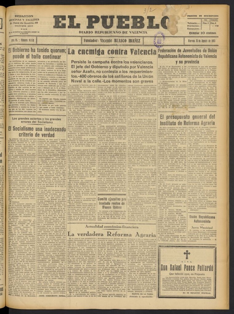 Miniatura de El Pueblo : Diario republicano de Valencia del 18 de agosto de 1933, nº 14.150