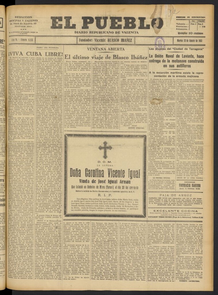 Miniatura de El Pueblo : Diario republicano de Valencia del 22 de agosto de 1933, nº 14.153