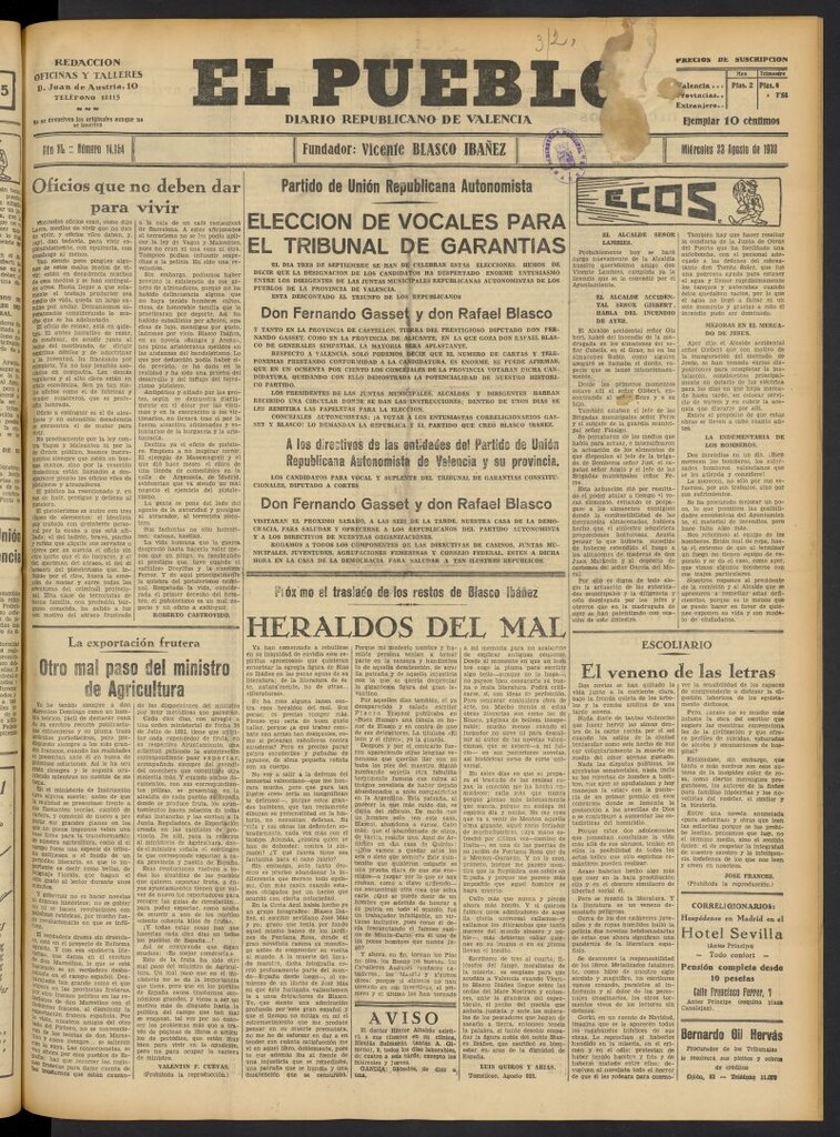 Miniatura de El Pueblo : Diario republicano de Valencia del 23 de agosto de 1933, nº 14.154