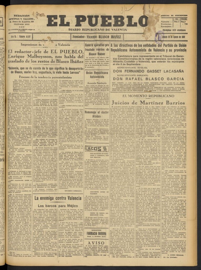 Miniatura de El Pueblo : Diario republicano de Valencia del 26 de agosto de 1933, nº 14.157