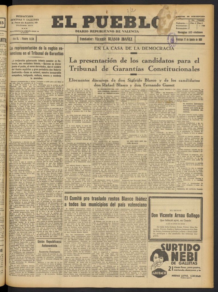 Miniatura de El Pueblo : Diario republicano de Valencia del 27 de agosto de 1933, nº 14.158