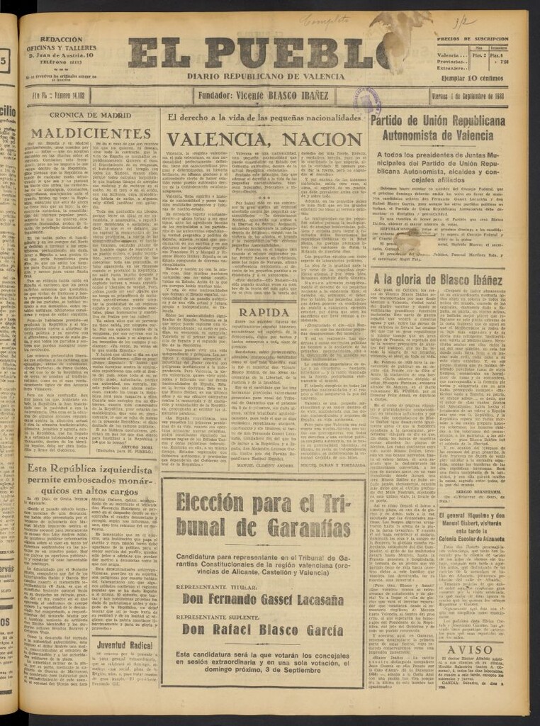 Miniatura de El Pueblo : Diario republicano de Valencia del 1 de septiembre de 1933, nº 14.162