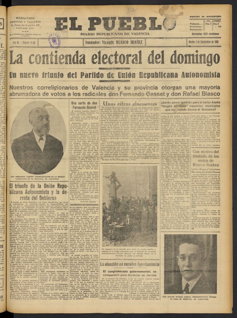 Miniatura de El Pueblo : Diario republicano de Valencia del 5 de septiembre de 1933, nº 14.165