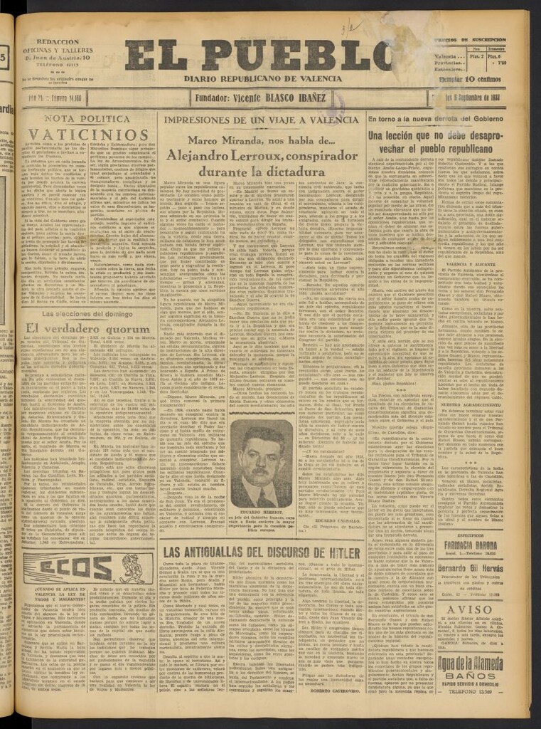 Miniatura de El Pueblo : Diario republicano de Valencia del 6 de septiembre de 1933, nº 14.166