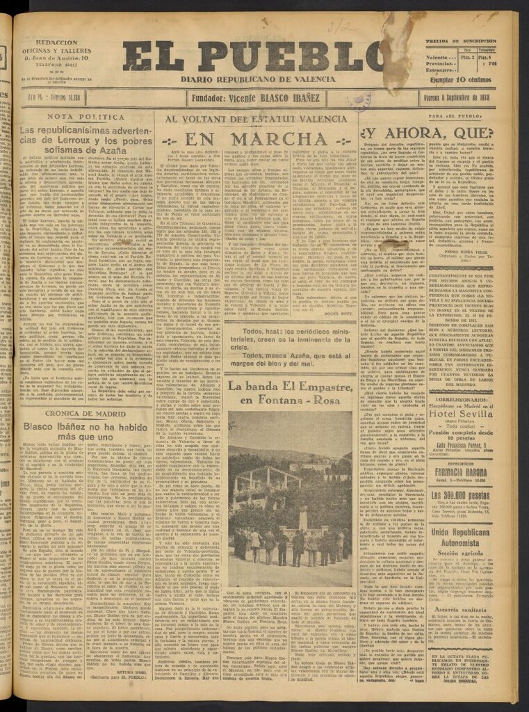 Miniatura de El Pueblo : Diario republicano de Valencia del 8 de septiembre de 1933, nº 14.168