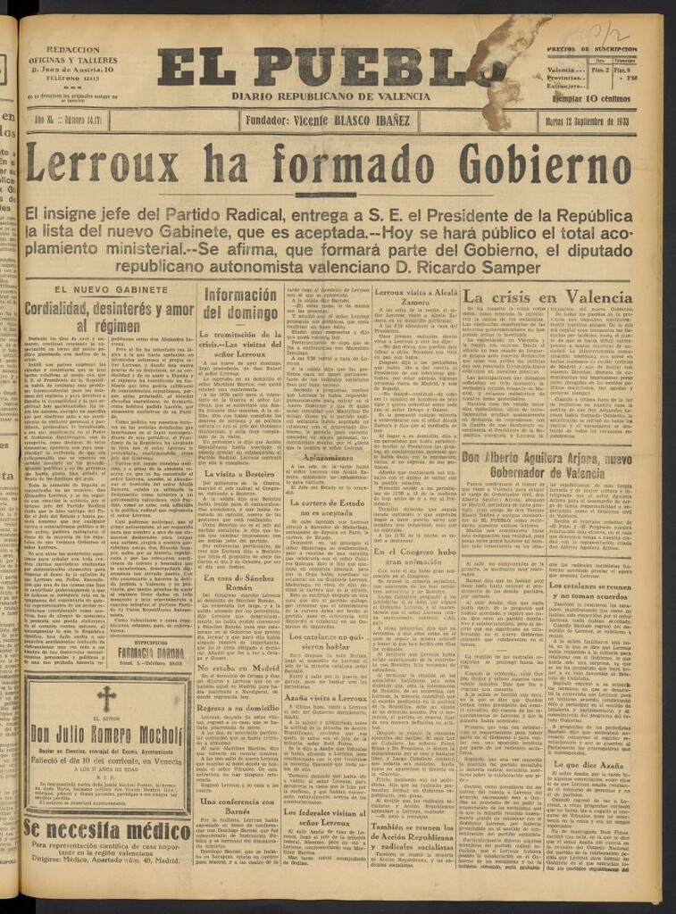 Miniatura de El Pueblo : Diario republicano de Valencia del 12 de septiembre de 1933, nº 14.171