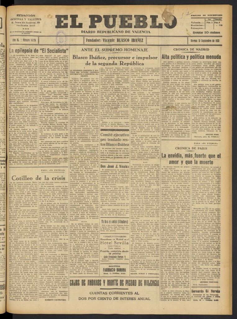 Miniatura de El Pueblo : Diario republicano de Valencia del 15 de septiembre de 1933, nº 14.174