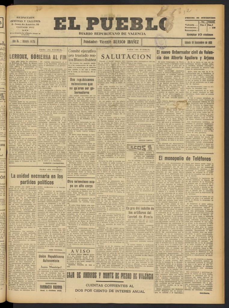 Miniatura de El Pueblo : Diario republicano de Valencia del 16 de septiembre de 1933, nº 14.175