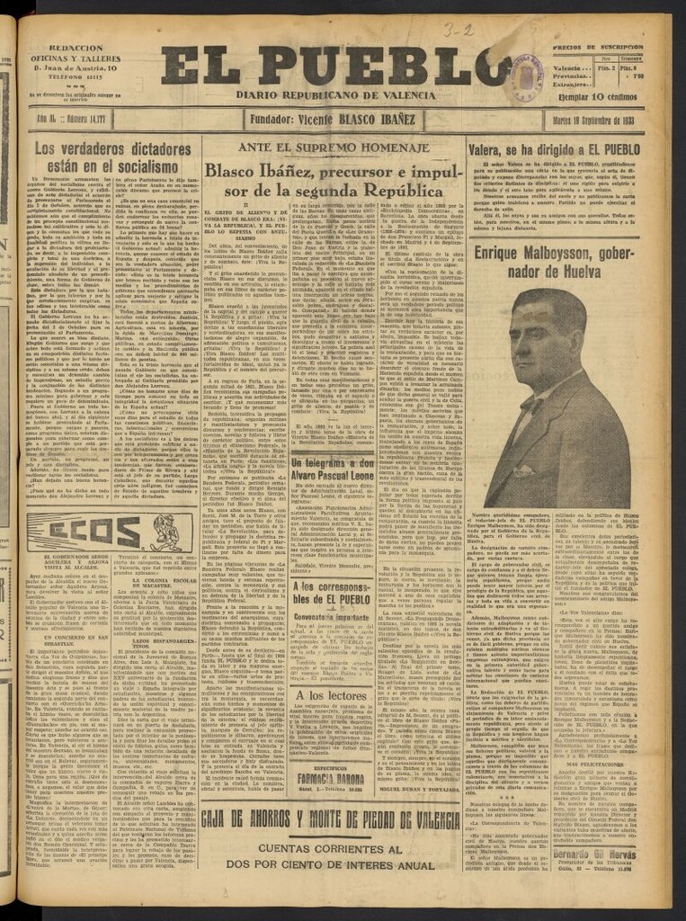 Miniatura de El Pueblo : Diario republicano de Valencia del 19 de septiembre de 1933, nº 14.177