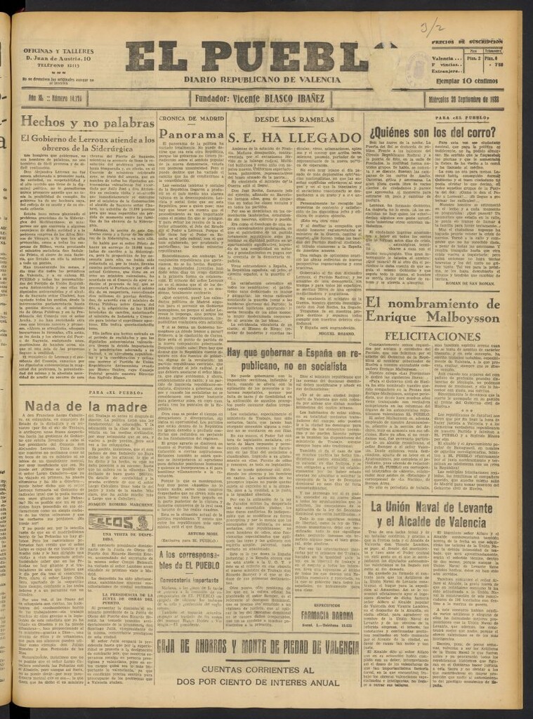 Miniatura de El Pueblo : Diario republicano de Valencia del 20 de septiembre de 1933, nº 14.178