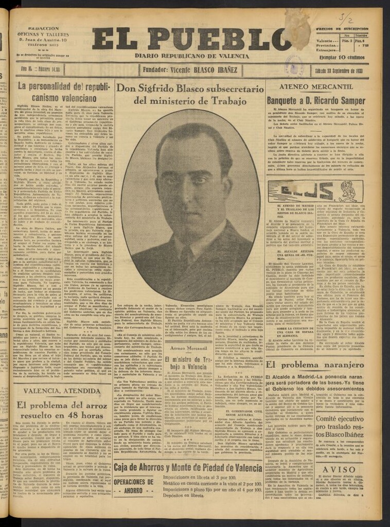 Miniatura de El Pueblo : Diario republicano de Valencia del 23 de septiembre de 1933, nº 14.181