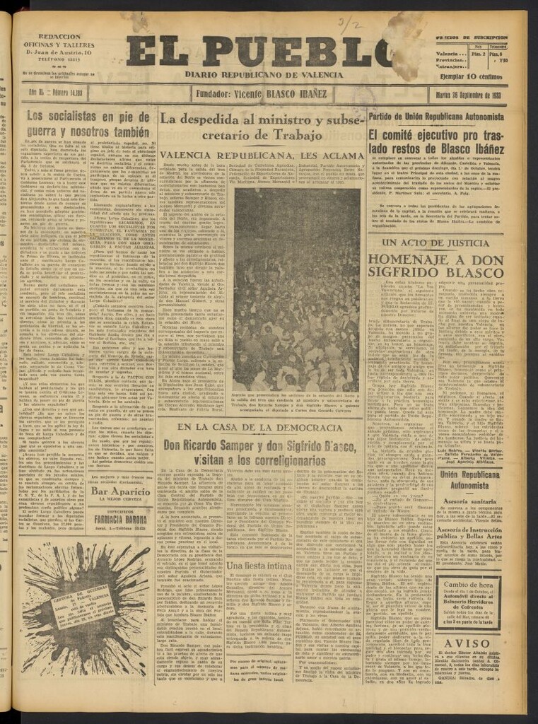 Miniatura de El Pueblo : Diario republicano de Valencia del 26 de septiembre de 1933, nº 14.183