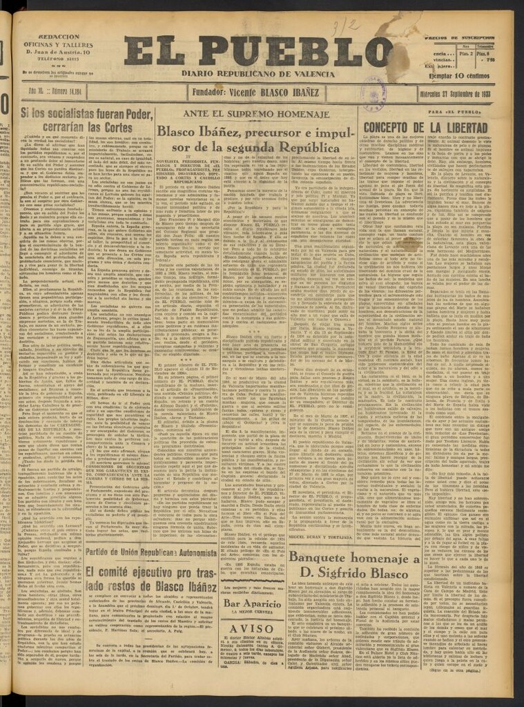 Miniatura de El Pueblo : Diario republicano de Valencia del 27 de septiembre de 1933, nº 14.184