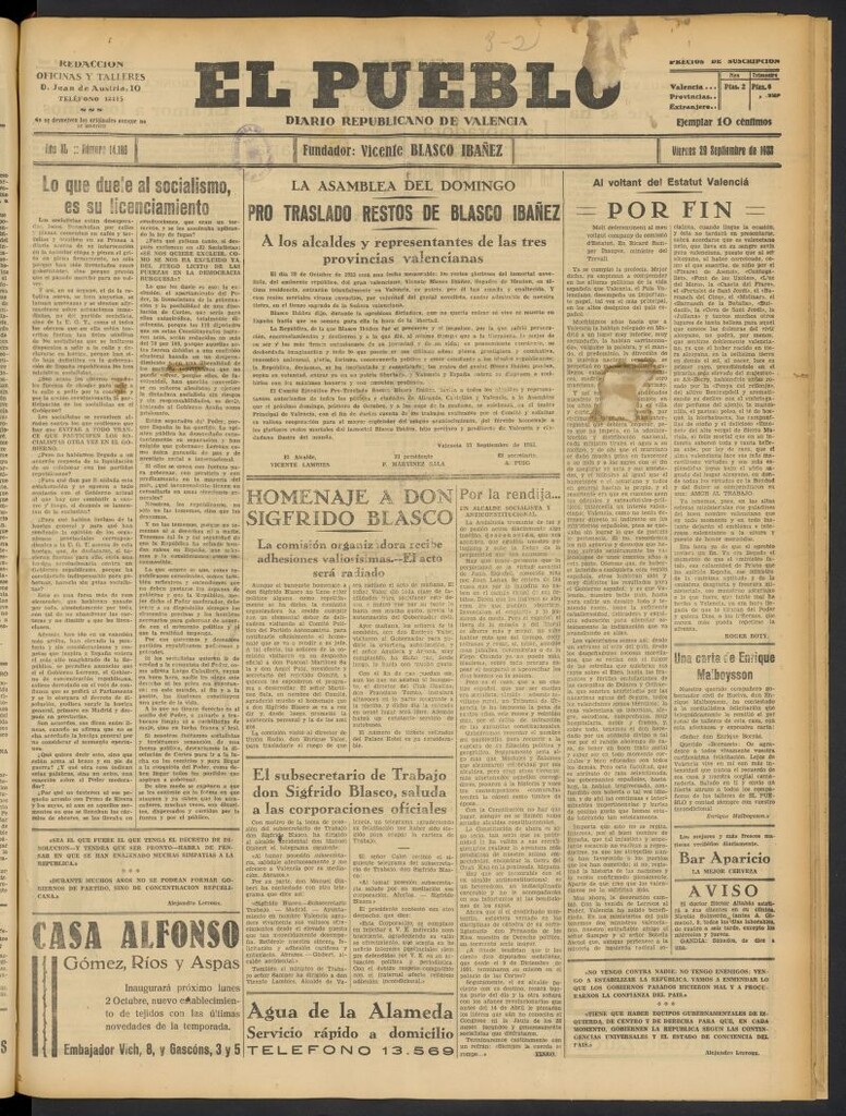 Miniatura de El Pueblo : Diario republicano de Valencia del 29 de septiembre de 1933, nº 14.186