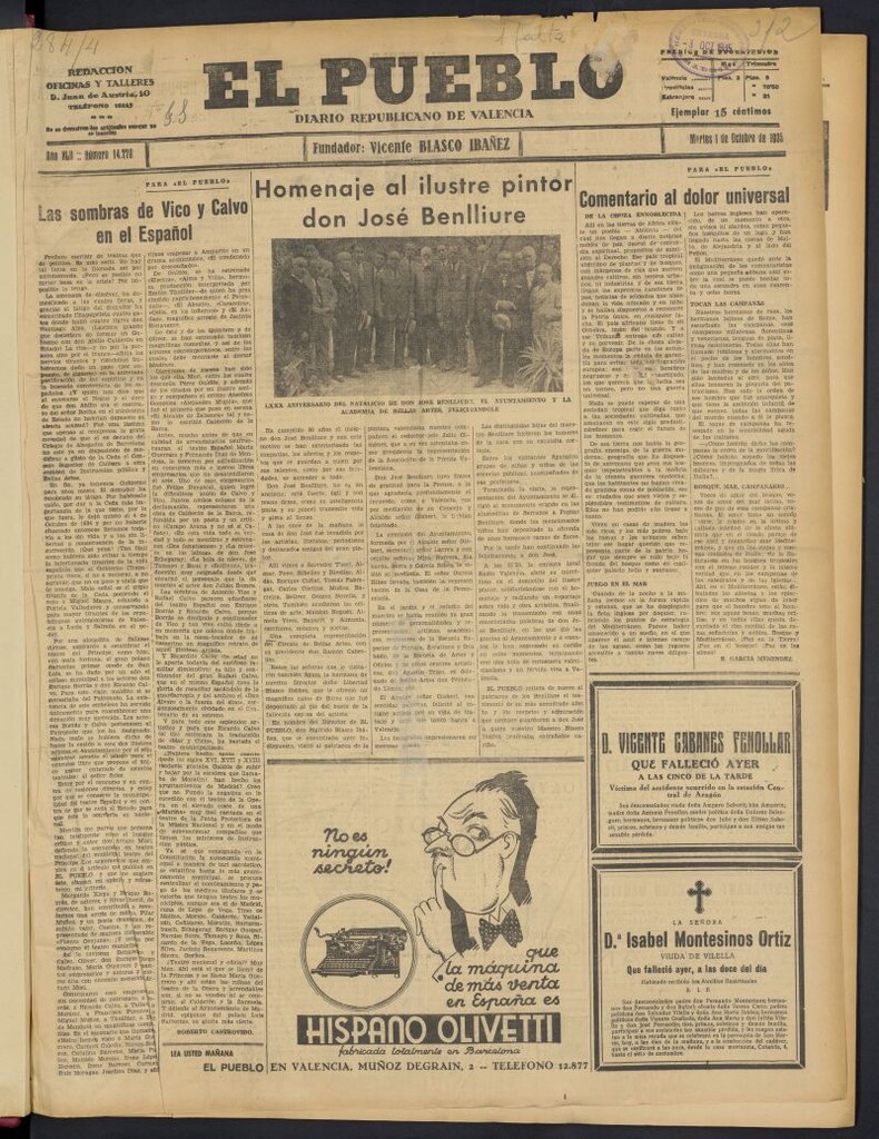 Miniatura de El Pueblo : Diario republicano de Valencia del 1 de octubre de 1935, nº 14.770