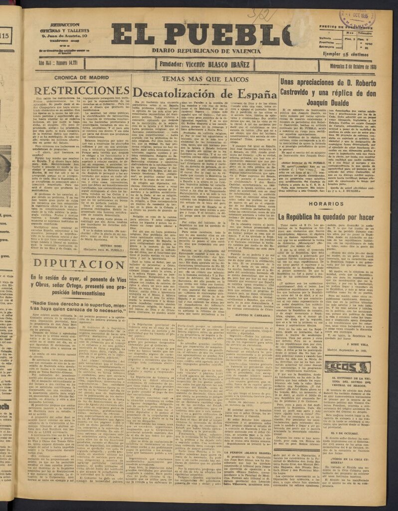Miniatura de El Pueblo : Diario republicano de Valencia del 2 de octubre de 1935, nº 14.771