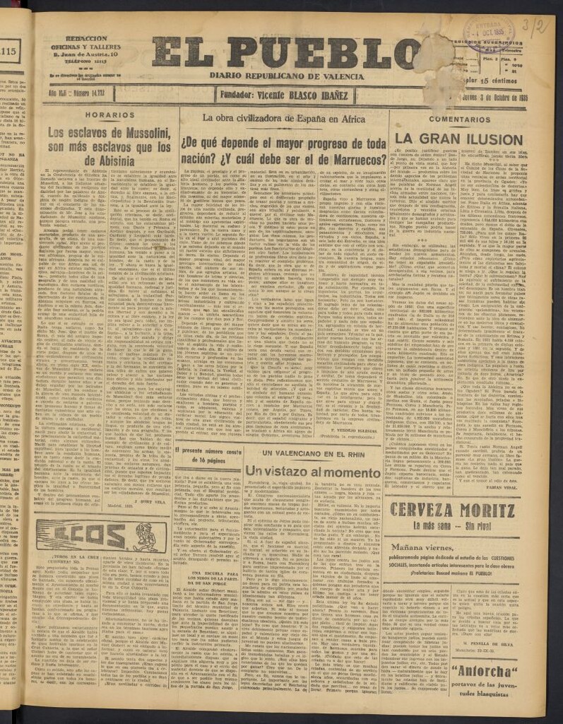 Miniatura de El Pueblo : Diario republicano de Valencia del 3 de octubre de 1935, nº 14.772