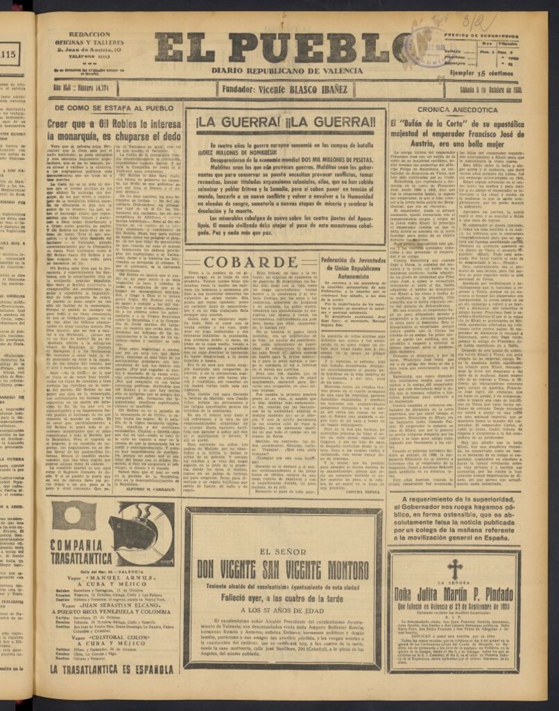 Miniatura de El Pueblo : Diario republicano de Valencia del 5 de octubre de 1935, nº 14.774